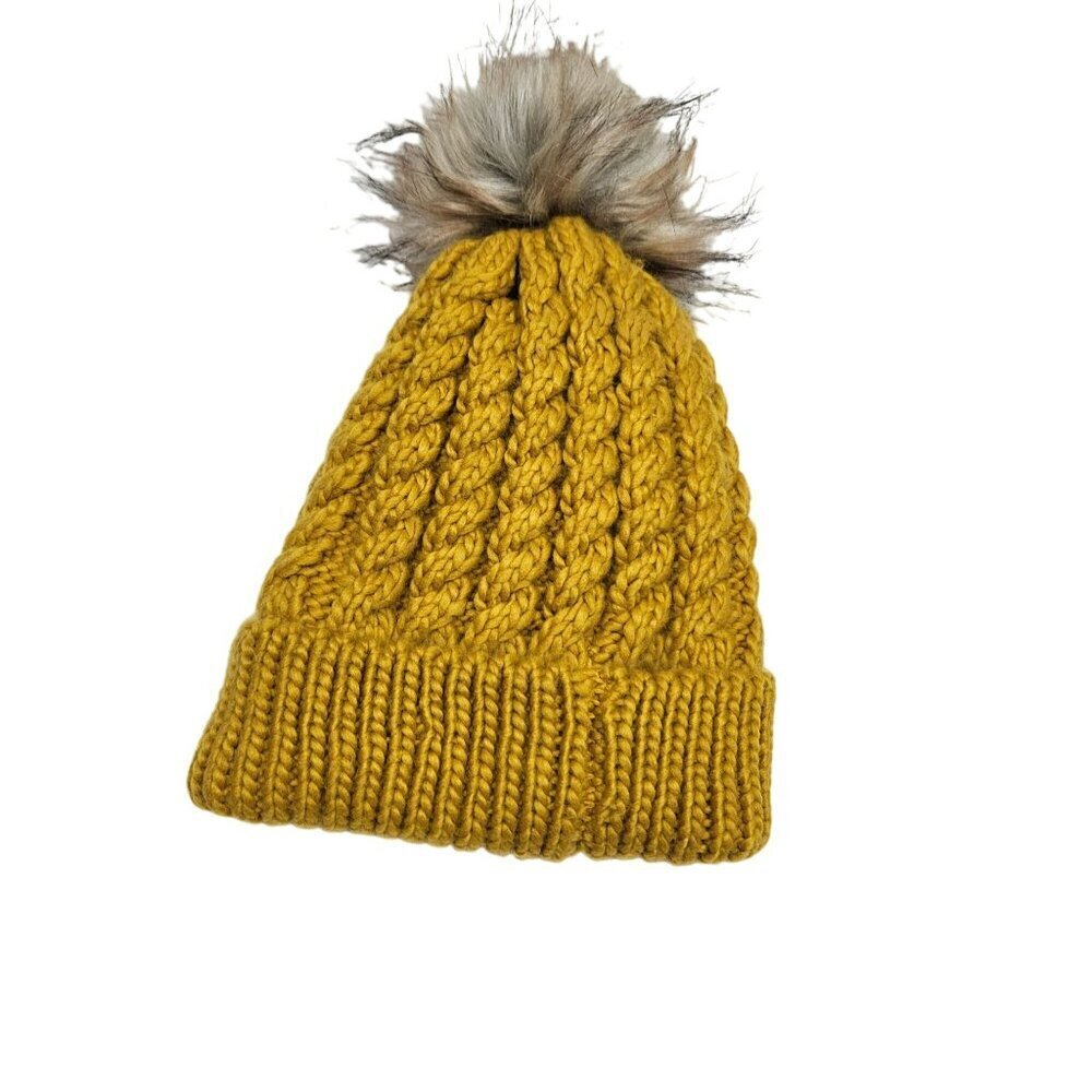 David & Young Mustard Yellow Cable Knit Beanie With Faux Fur Pom & Soft Lining - Picture 3 of 6